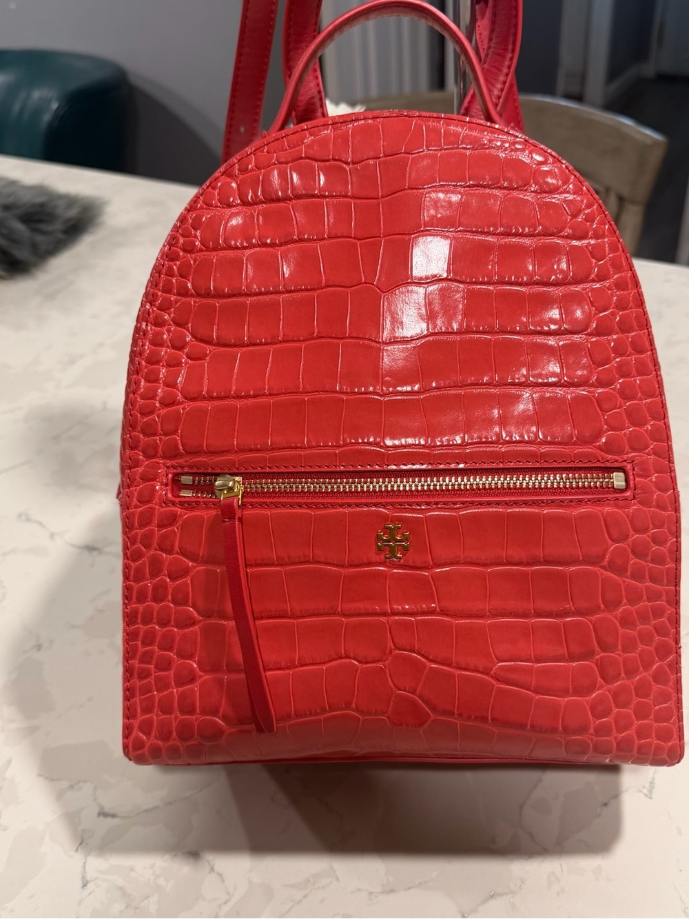 Tory Burch Red Croc-Embossed Mini Backpack with Gold Hardware